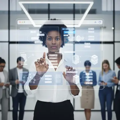 A woman sitting on the floor with a tablet, demonstrating her ability to tackle challenges with innovative solutions.